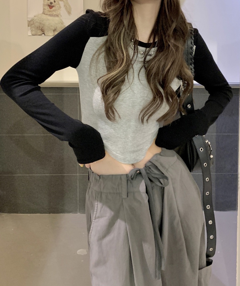 秋冬不規則短款拼色長袖T恤