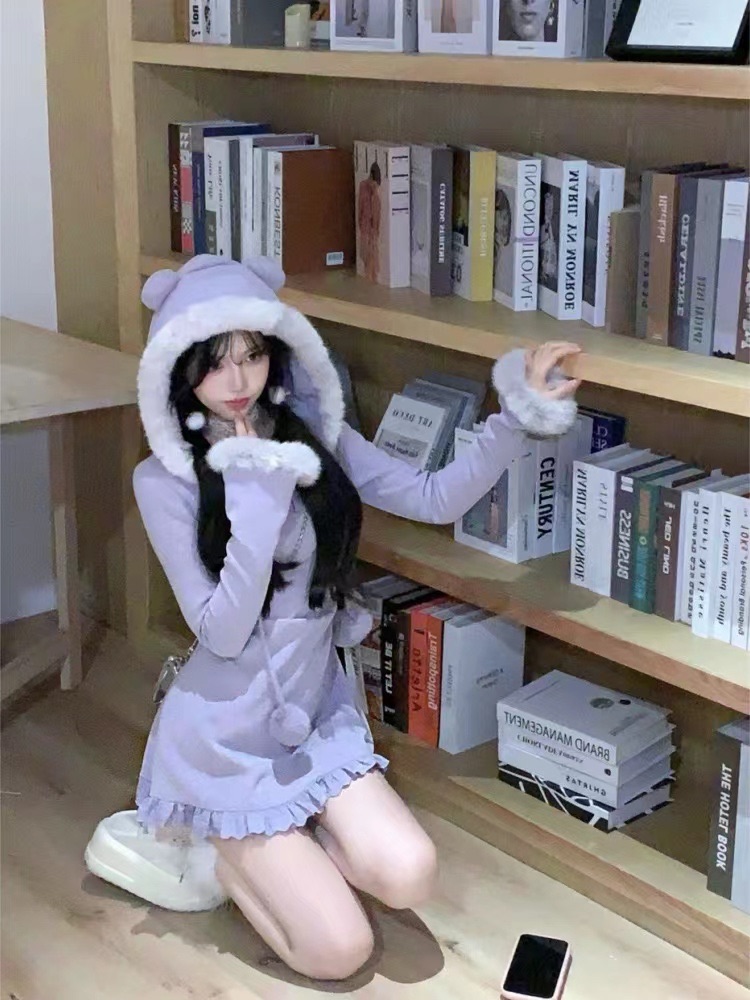 秋冬紫色毛茸茸連帽長袖連身裙