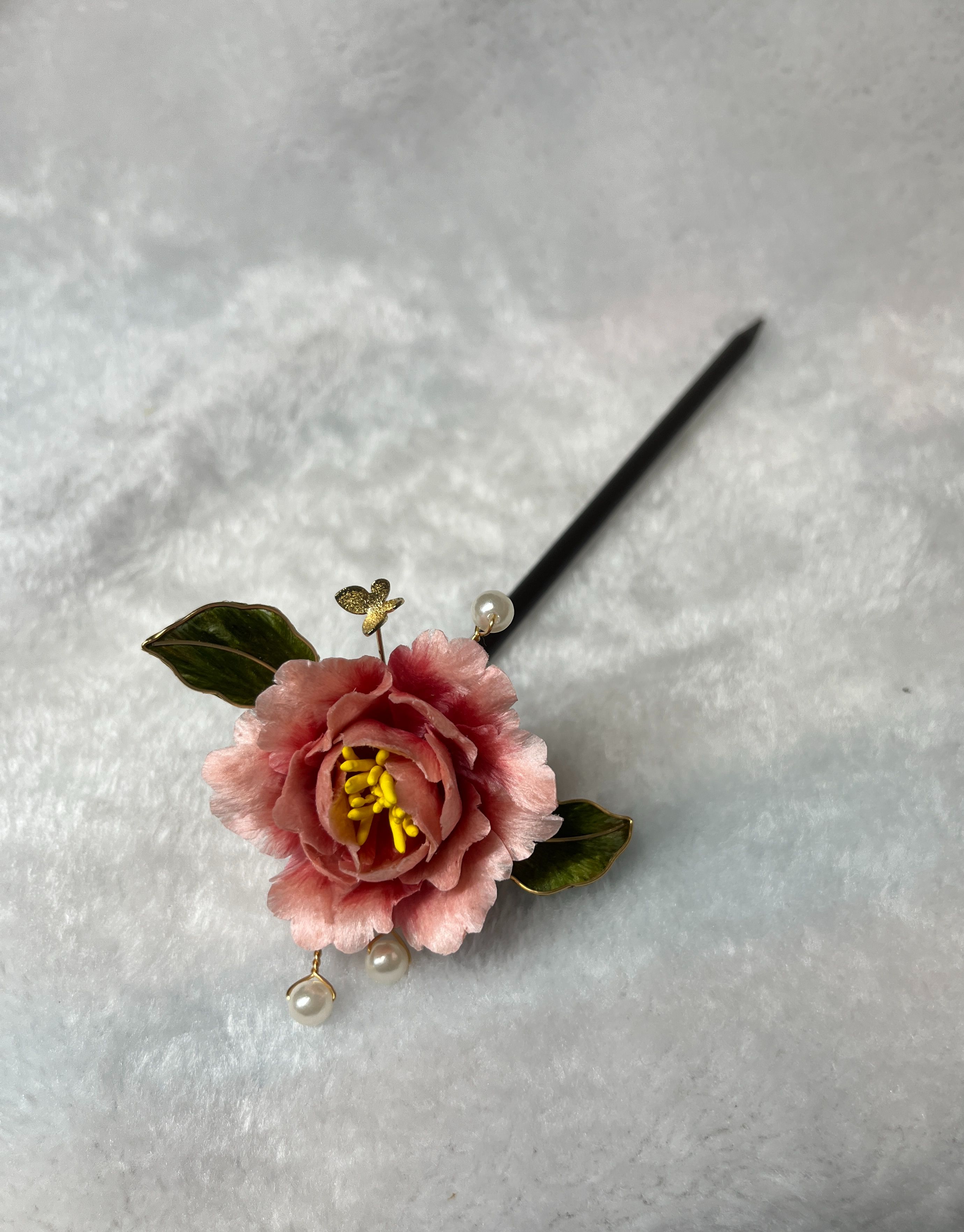 現貨 粉色小牡丹（掐絲葉片） 髮簪