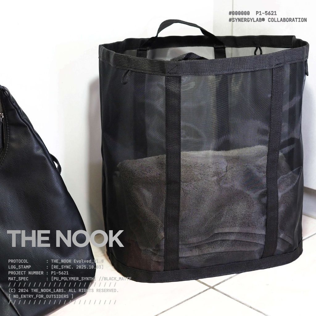 [THE NOOK] | 黑色網紗透氣洗衣籃 收衣籃 可摺疊收衣籃  髒衣籃 [附2個黏貼掛勾]（台灣現貨出貨）