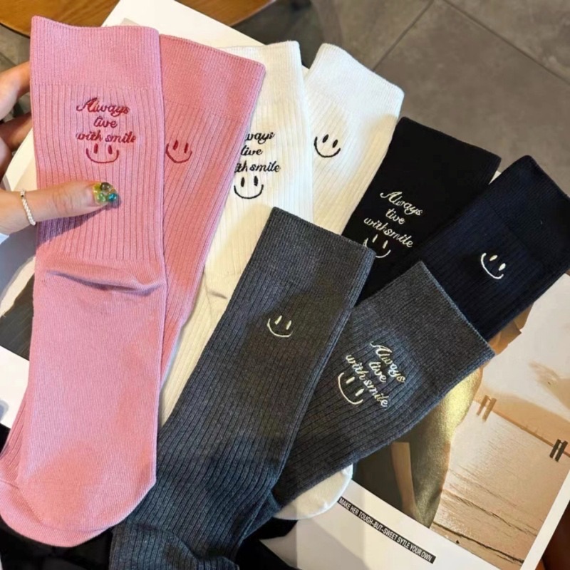 純棉潮襪 新款AB版女襪刺繡笑臉個性中筒襪子