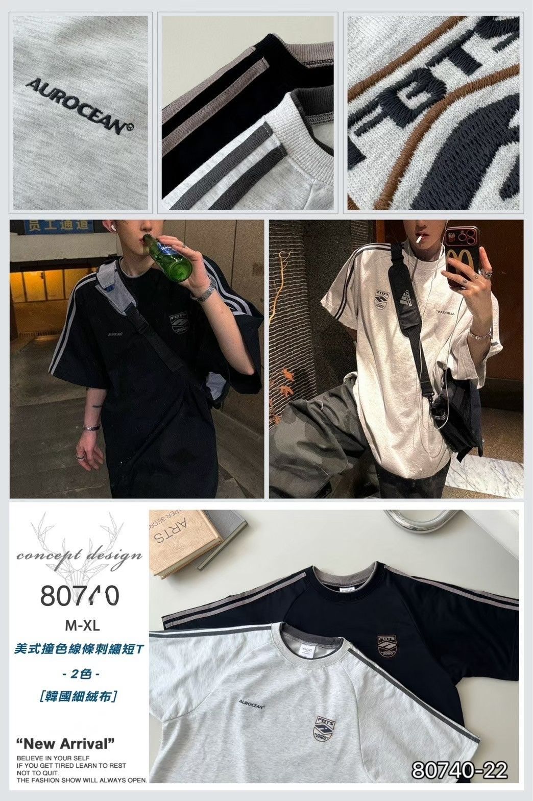 【男女可穿】美式撞色刺繡線條短T