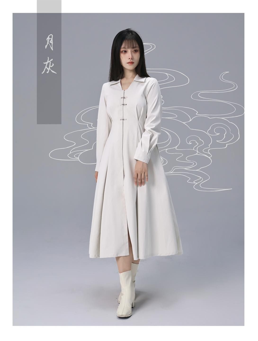 【代購】雲霧 翻領VU領長袖洋裝/多色可挑袖新中式連身裙/國風大裙襬連衣裙/顯高顯瘦長裙/改良式中山裝  中國風