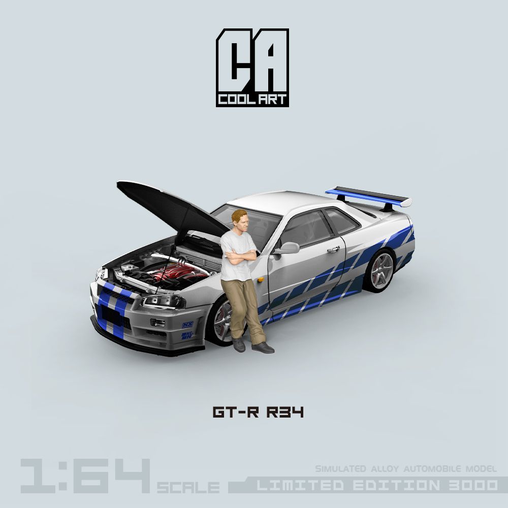 Cool Art 1/64 GT-R R34 前後開蓋版 保羅沃克 玩命關頭塗裝 藍銀拉花-人偶版