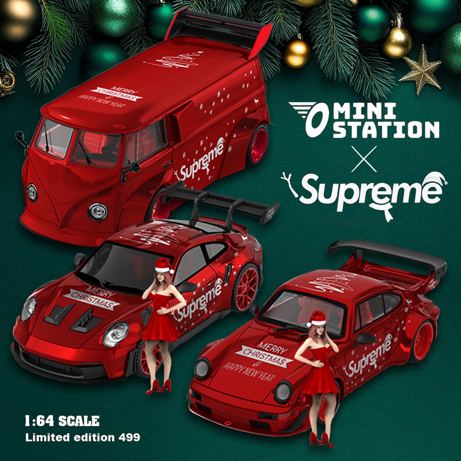 Mini Station 1:64 保時捷 RWB 964 992 GT3 RS 福斯 T1 VAN 金屬紅 聖誕版