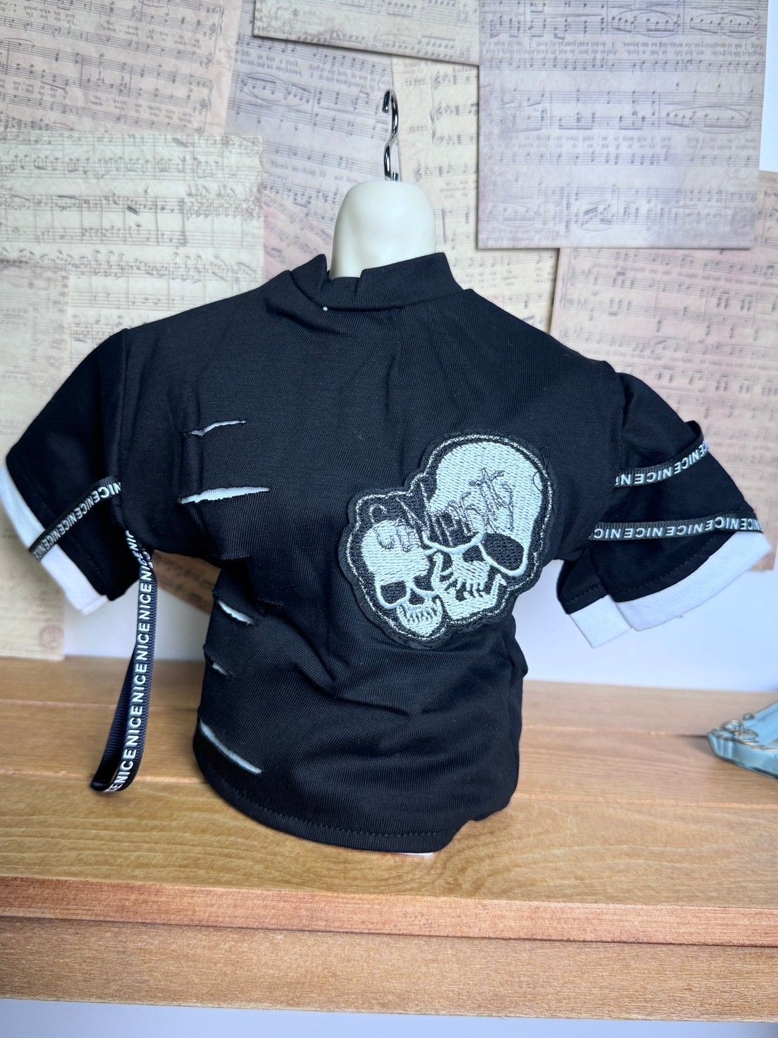 BJD-3分骷髏刺繡貼抓破假兩件短袖上衣