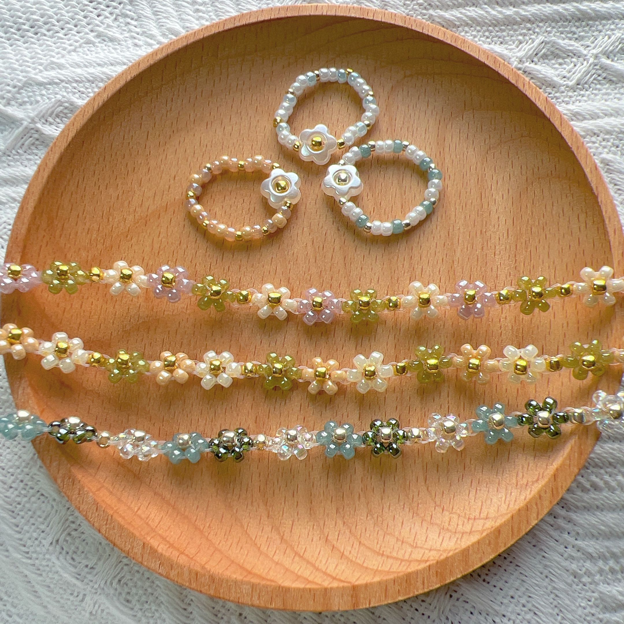 串珠戒指 - 壓克力小花戒