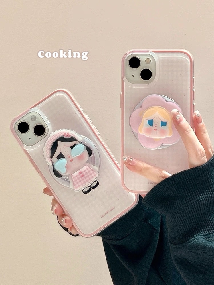 少女心粉格手機殼+哭娃磁吸支架