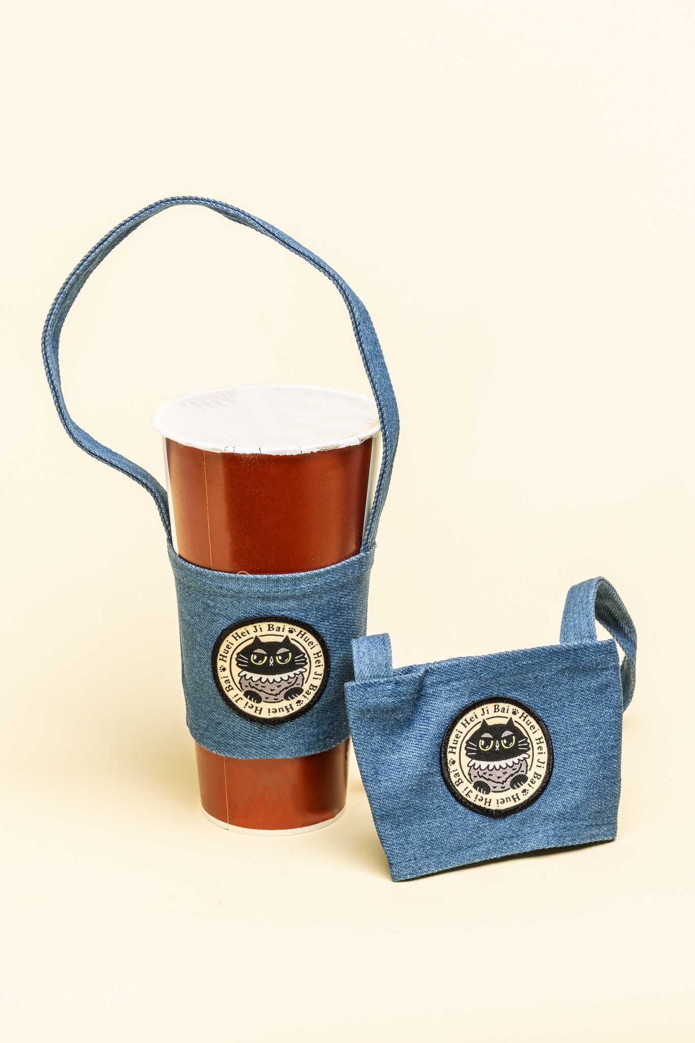 黑貓馬路飲料杯提袋-經典牛仔布