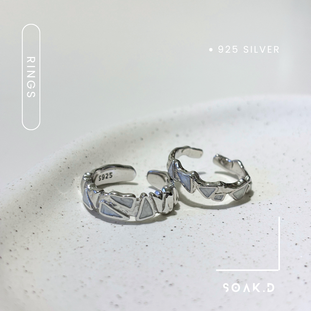 『𝐒𝐨𝐚𝐤.𝐃』925銀 海洋系列 ▾ 白貝  幾何開口純銀戒指 情侶戒（可調節）