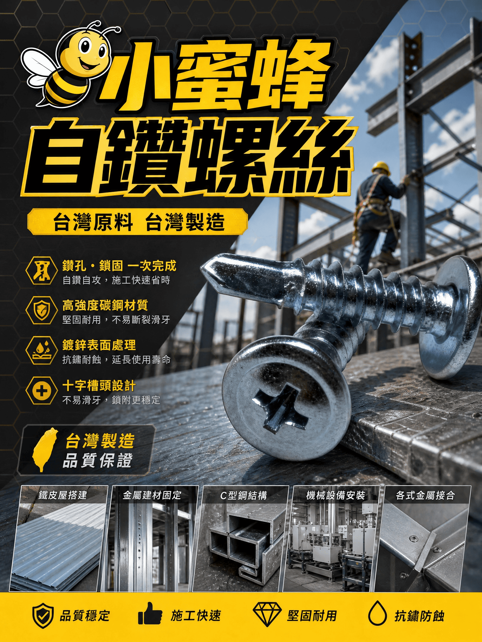 鑽尾（自攻）螺絲-拖拉司頭（小蜜蜂） 採光罩施工