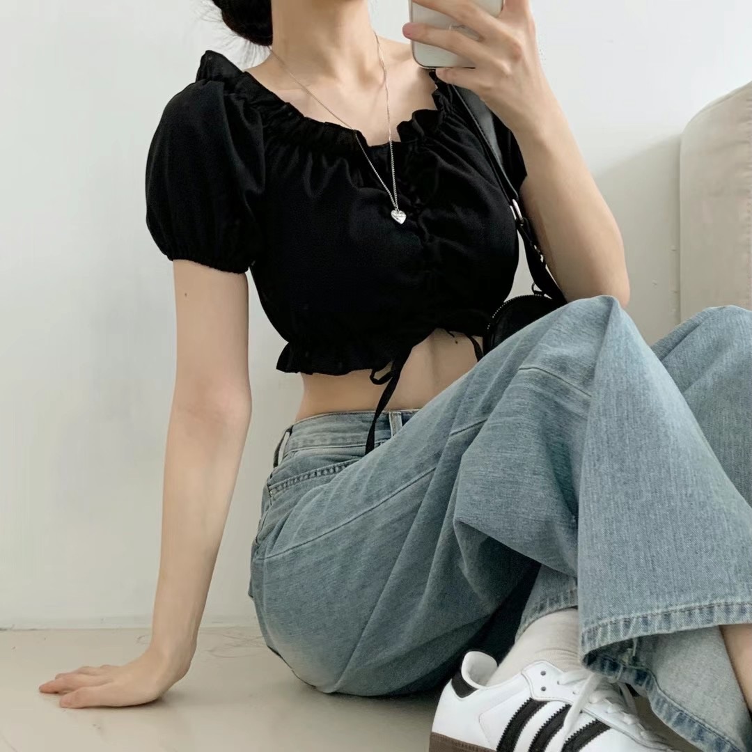 ￼現貨售完下架ෆ🏷ʏᴜɴᴀ’s ㅣ正韓🇰🇷荷邊抽繩平口兩件式上衣