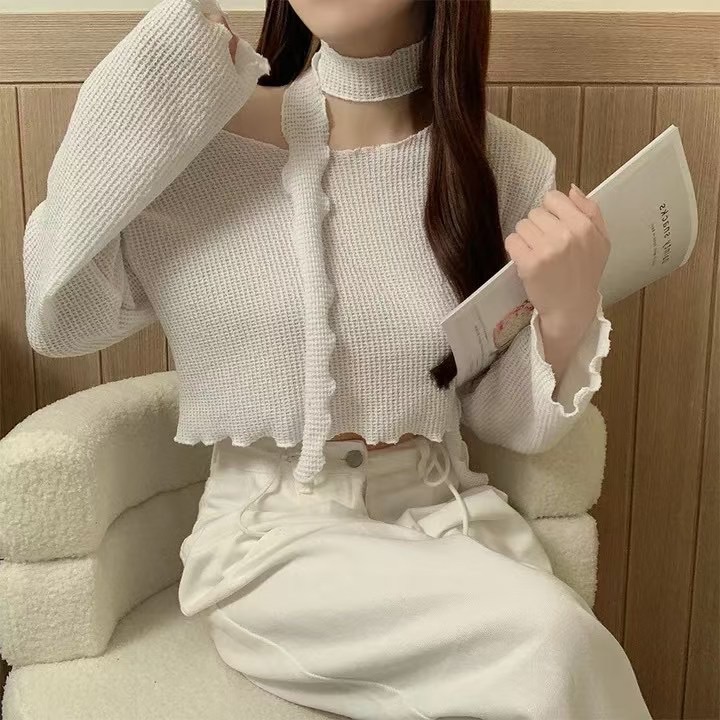 ￼現貨ෆ🏷ʏᴜɴᴀ’s ·正韓代購🇰🇷韓系捲邊短版長袖上衣+掛脖set