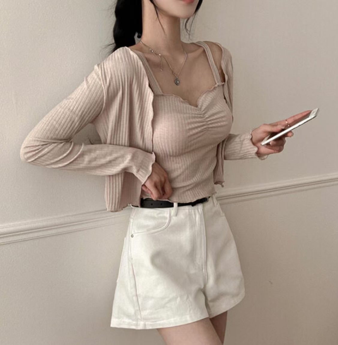 現貨+預購ෆ🏷ʏᴜɴᴀ’s ·正韓代購🇰🇷純慾系坑紋捲邊背心+罩衫set 3colors