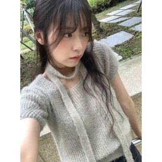 現貨+預購ෆ🏷ʏᴜɴᴀ’s ·正韓代購🇰🇷毛絨針織掛脖針織短袖上衣set  5colors