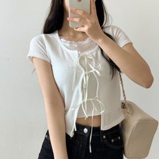 現貨+預購ෆ🏷ʏᴜɴᴀ’s ·正韓代購🇰🇷日常浪漫🌷層次感綁帶開襟短袖上衣