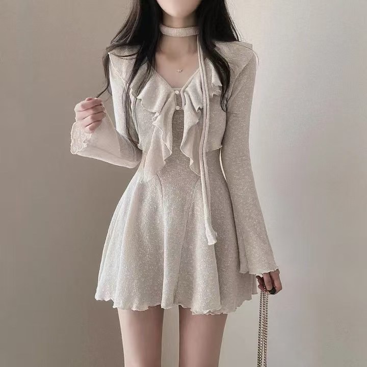 現貨+預購ෆ🏷ʏᴜɴᴀ’s ·正韓代購🇰🇷浪漫仙女荷葉邊長袖連身洋裝+脖圍set 3colors