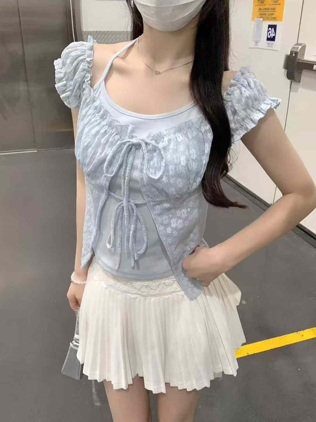 現貨ෆ🏷ʏᴜɴᴀ’s ·韓國代購🇰🇷夏之絮語🌻緹花針織層次感短袖上衣set