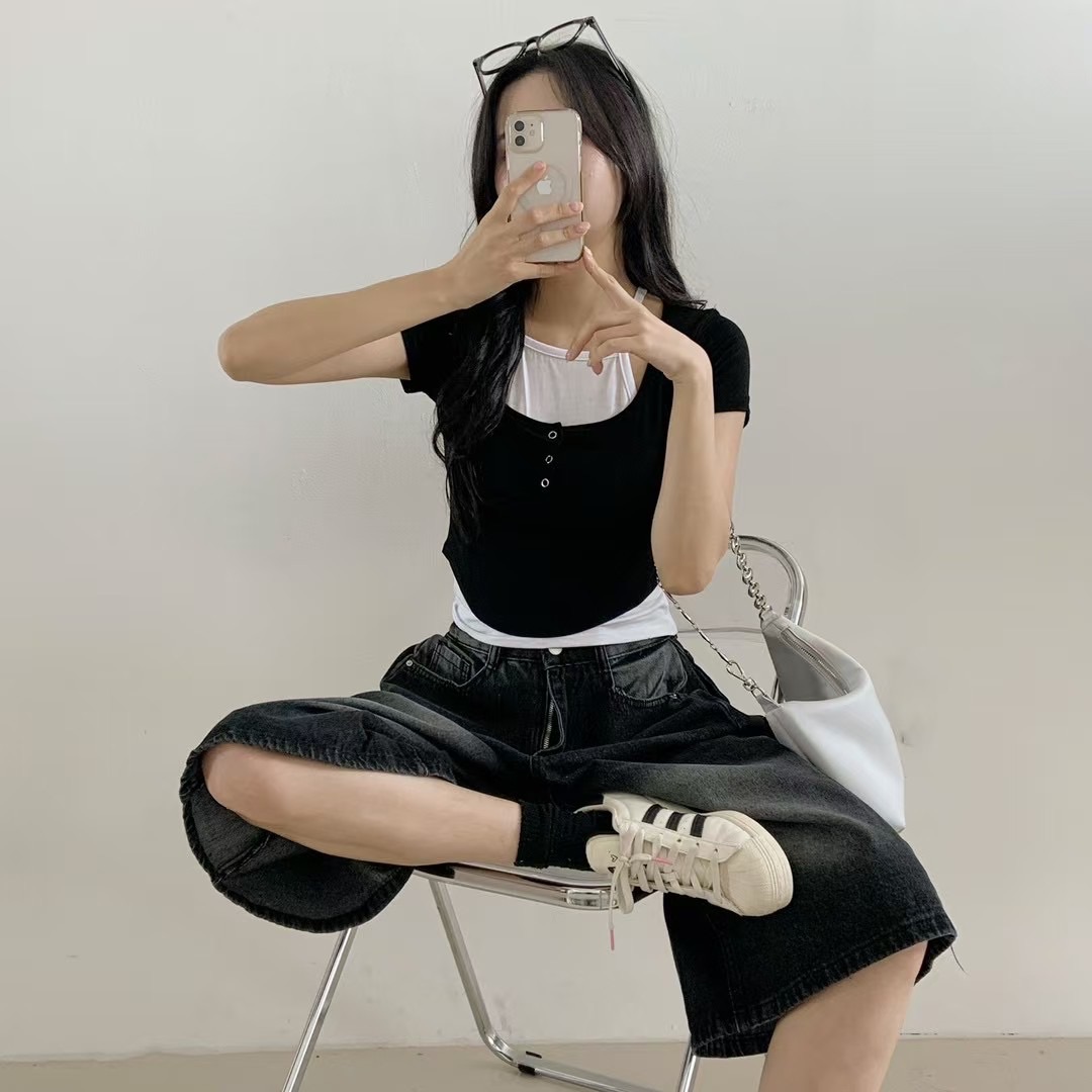 現貨ෆ🏷ʏᴜɴᴀ’s ·正韓代購🇰🇷雙層遊戲🌿修身兩件式短袖上衣