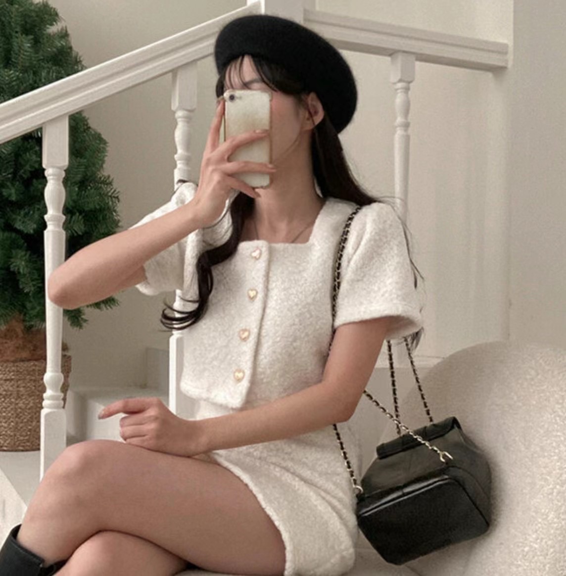 現貨+預購ෆ🏷ʏᴜɴᴀ’s ·正韓代購🇰🇷韓系愛心釦方領短版上衣+裙set 3colors