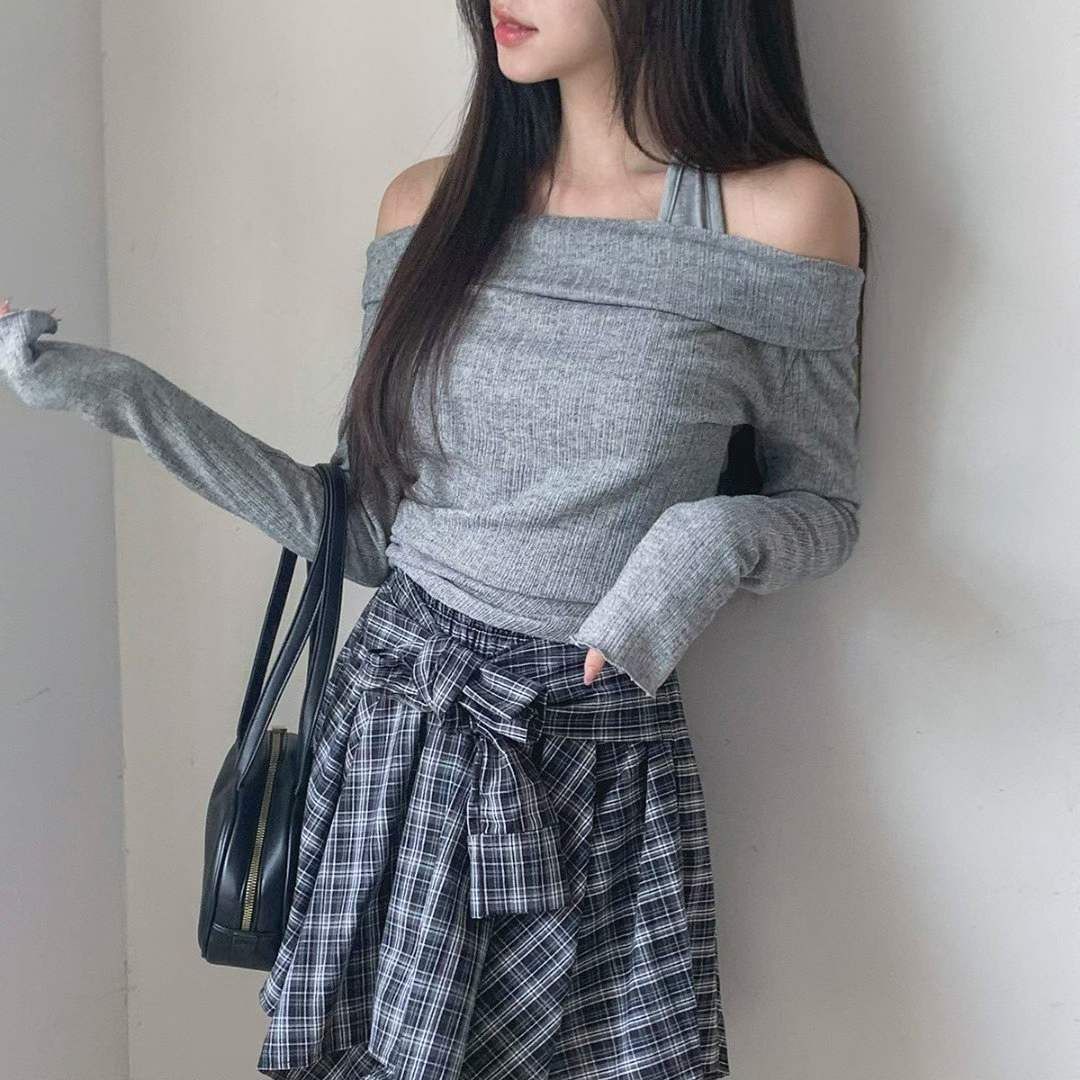 現貨+預購ෆ🏷ʏᴜɴᴀ’s ·正韓代購🇰🇷霧光溫柔🪞繞脖露肩長袖上衣