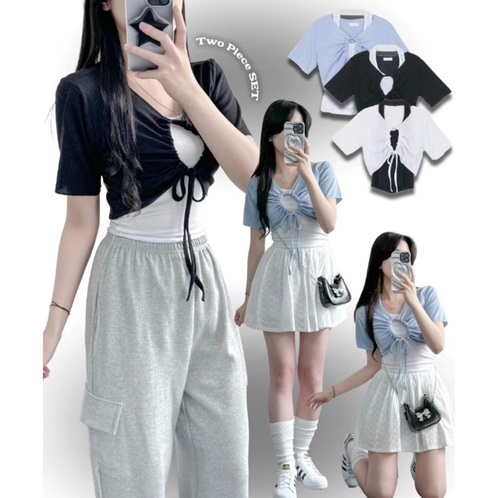 現貨+預購ෆ🏷ʏᴜɴᴀ’s ·韓國代購🇰🇷韓系抽繩綁帶兩件式上衣set