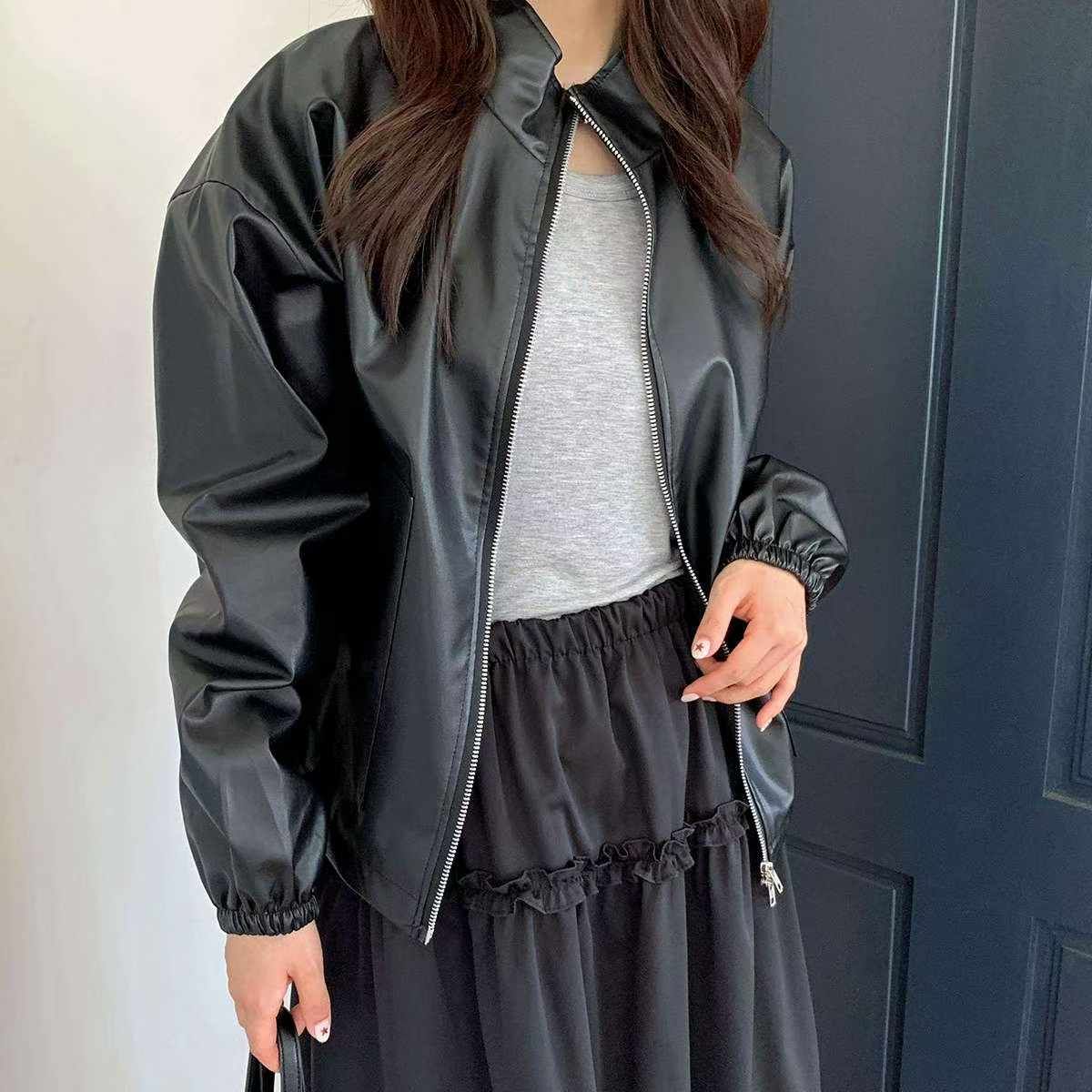 現貨+預購ෆ🏷ʏᴜɴᴀ’s ·正韓代購🇰🇷夜幕柔影🌙立領皮革拉鍊外套