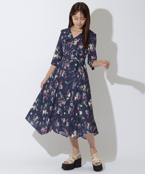 （原單）Redyazel 深藍色花柄海軍領洋裝 M碼