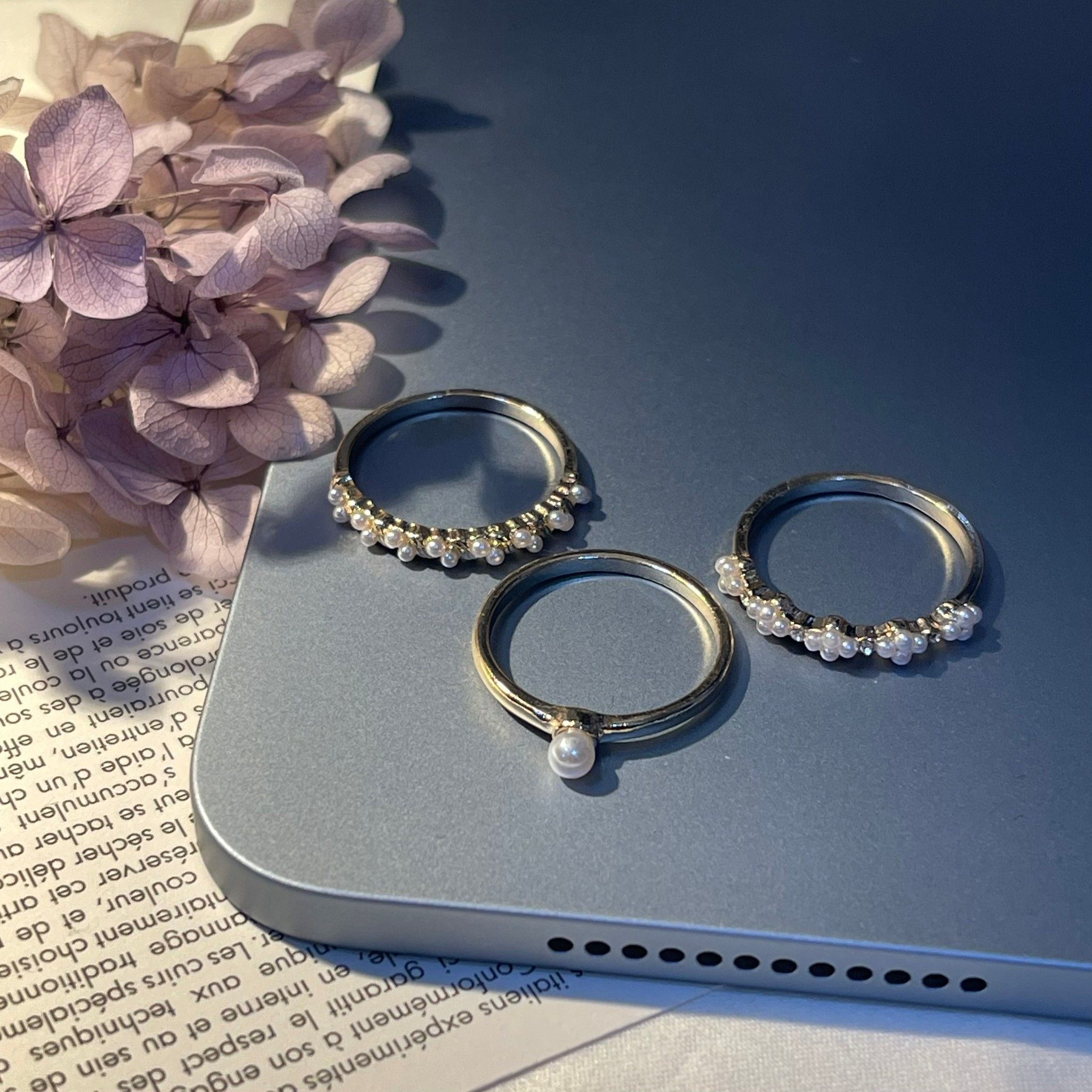 韓國鑲鑽三件組珍珠戒指【現貨】