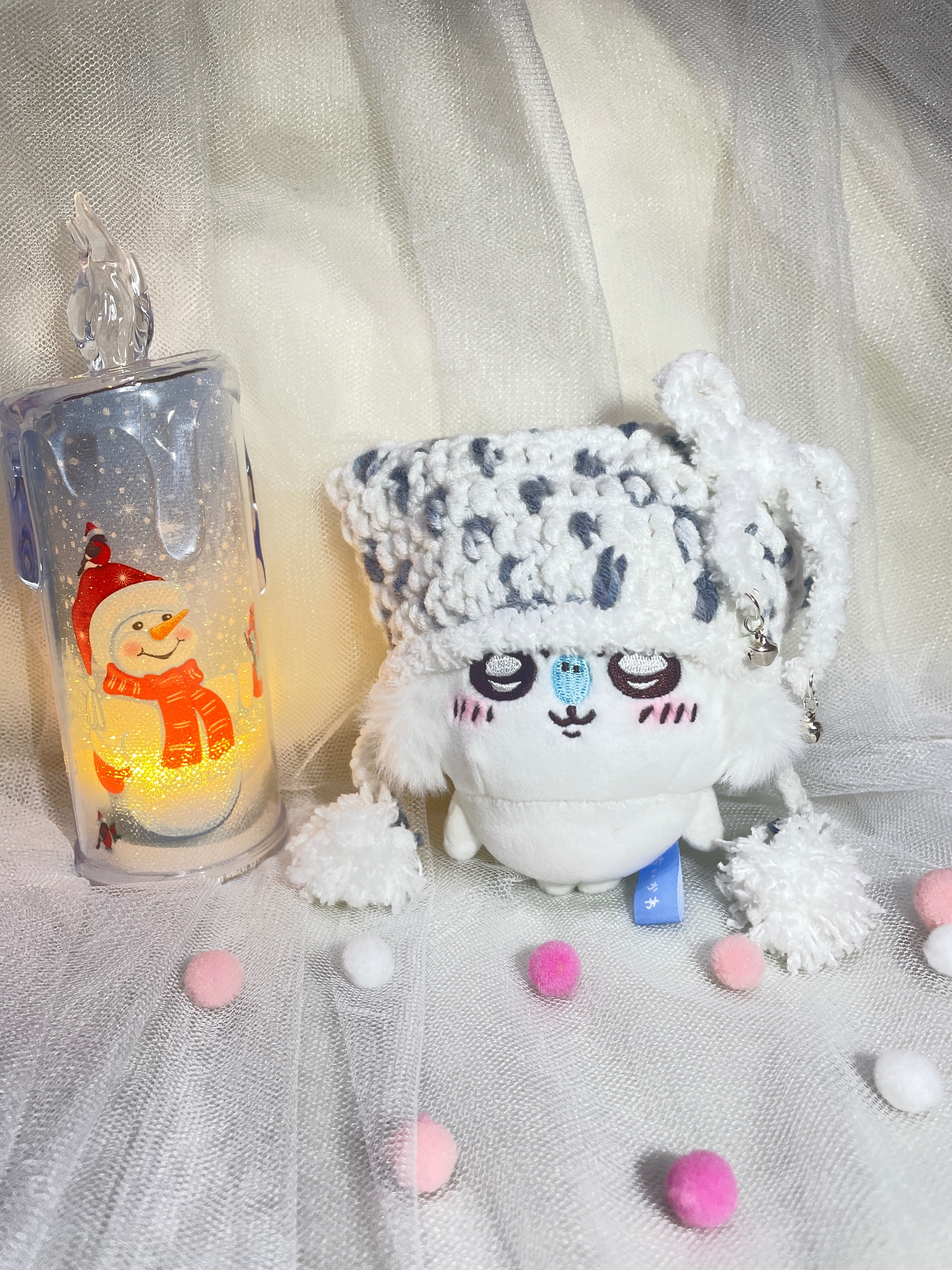 冬日精靈毛絨蝴蝶結鈴鐺貓耳帽（適小腳款）