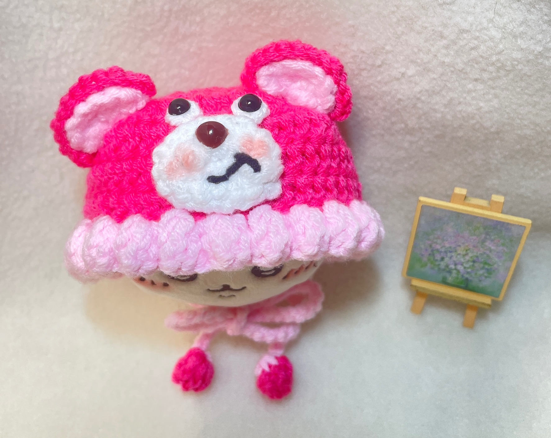 桃粉雙色熊熊毛帽（適小腳款）