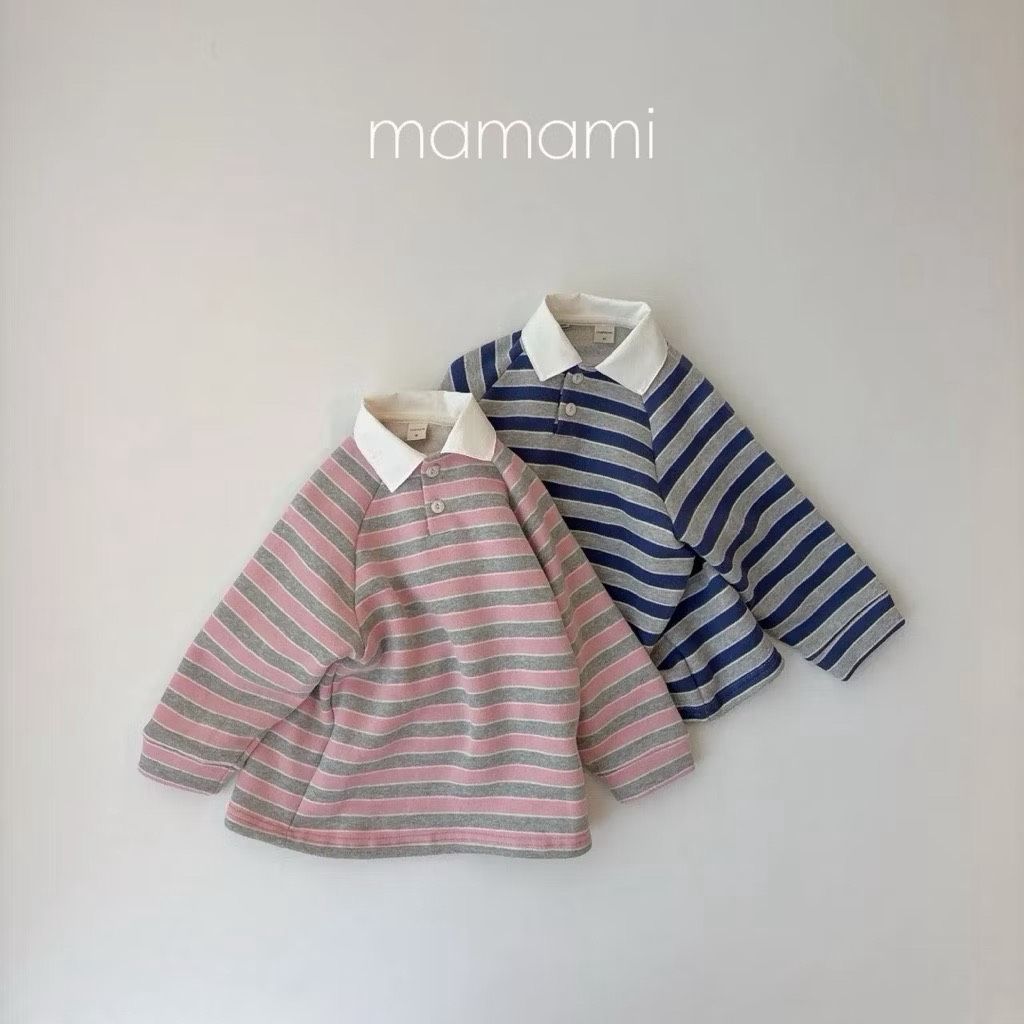 🇰🇷正韓現貨｜24H快速出貨｜mamami 白領撞色條紋上衣 藍100-125cm 有內刷毛