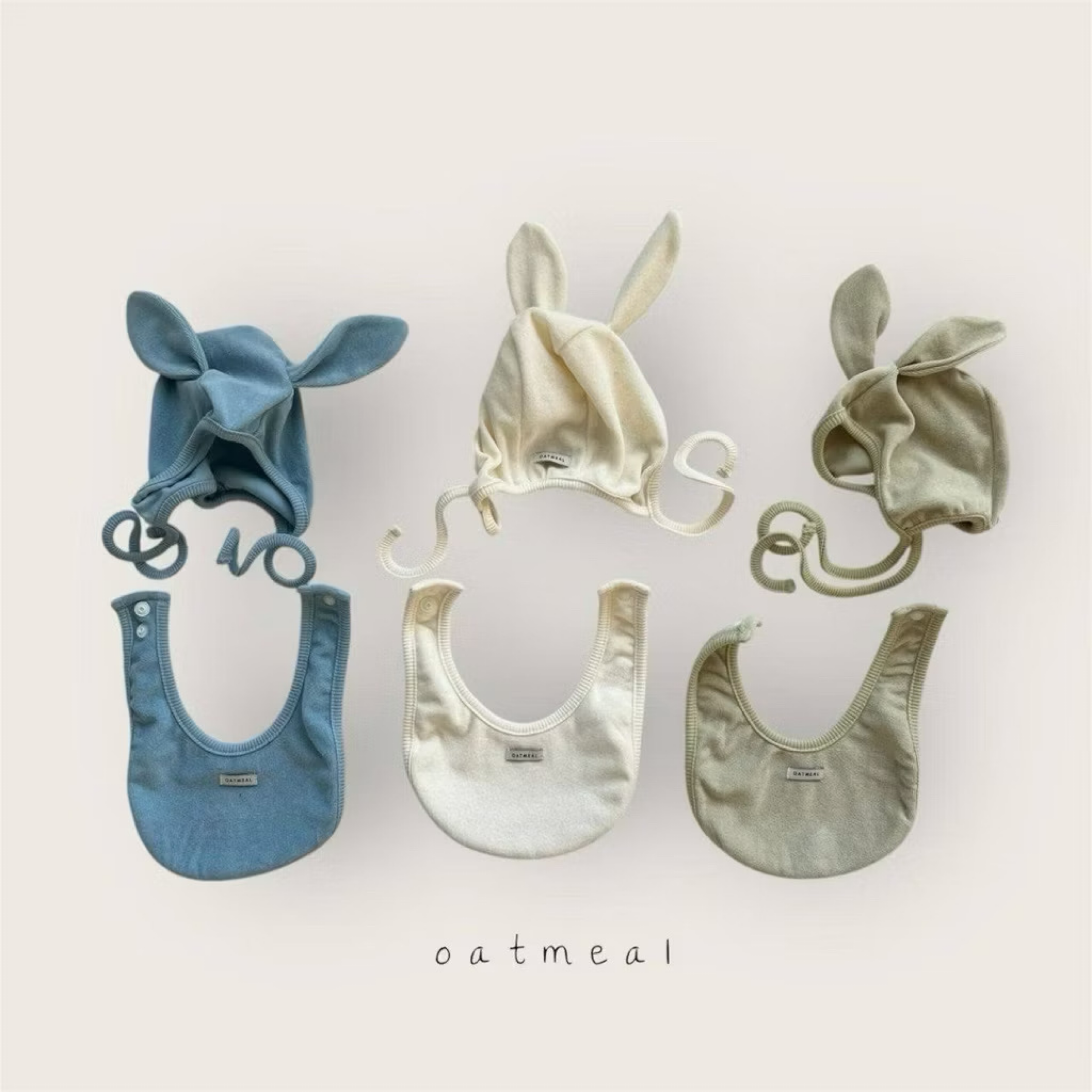 🇰🇷正韓現貨｜24H快速出貨｜oatmeal北鼻兔耳帽圍兜組 適合6-12m