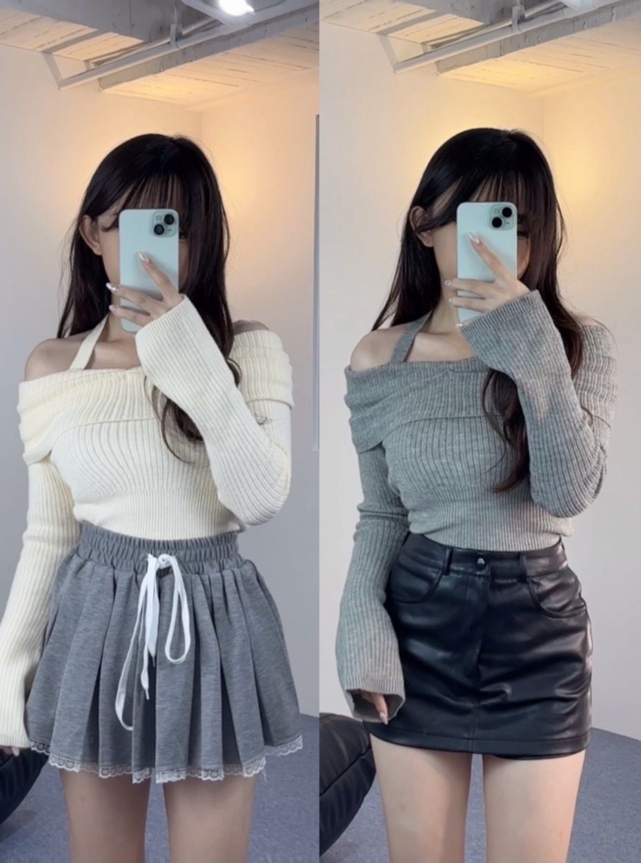 掛脖針織衫一字肩毛衣（白/灰）