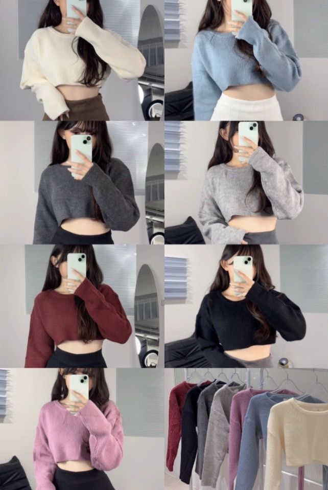 慵懶氛圍露腰小心機圓領軟糯針織毛衣 （安克拉紅/純黑/格雷灰/韓國灰/玫粉/霧羅藍/白杏）