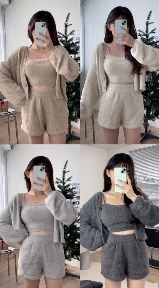 柔軟貂毛三件組（有胸墊）（奶杏色/奶茶卡/淺灰/深灰）