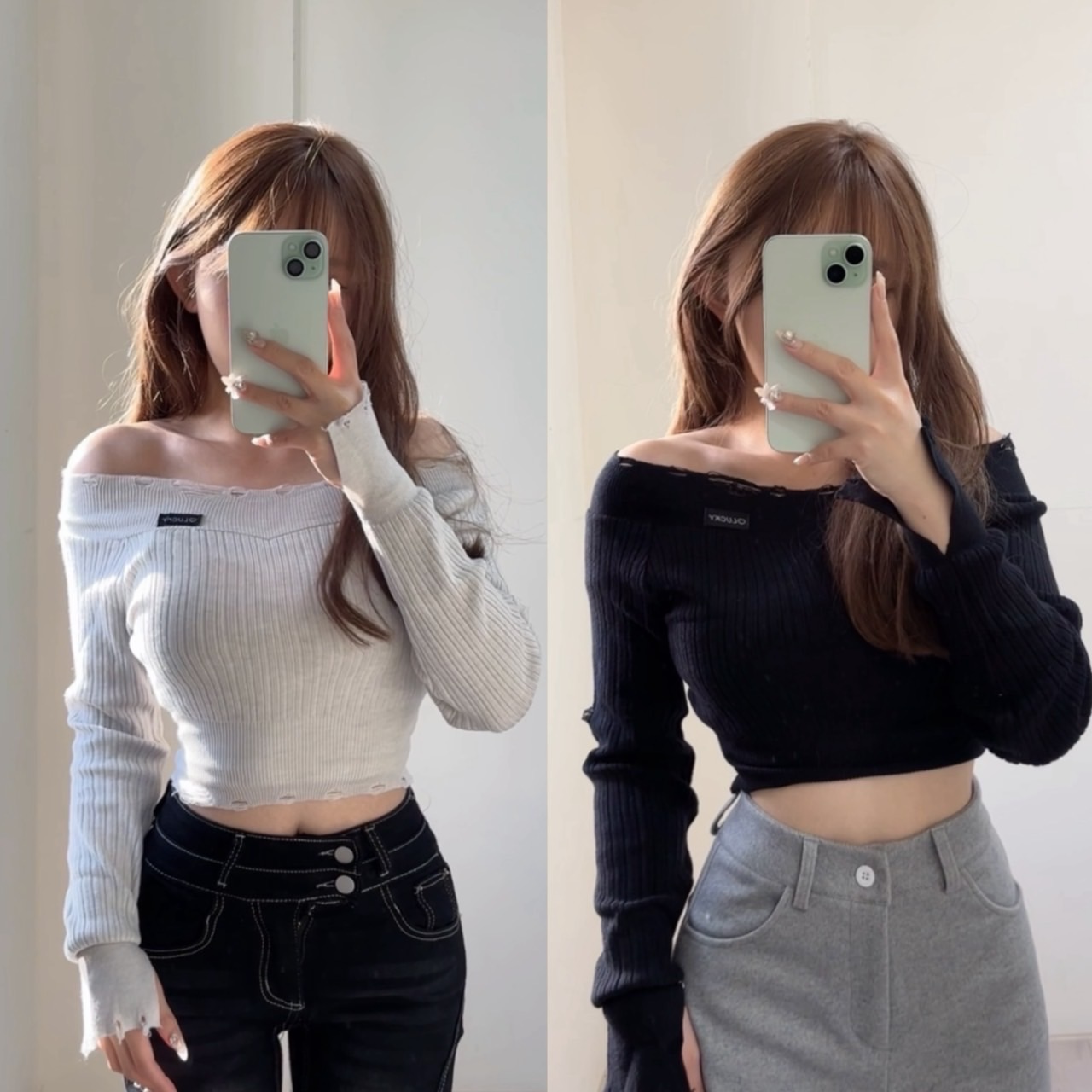 韓版針織衫一字肩破洞短款上衣（白/黑）