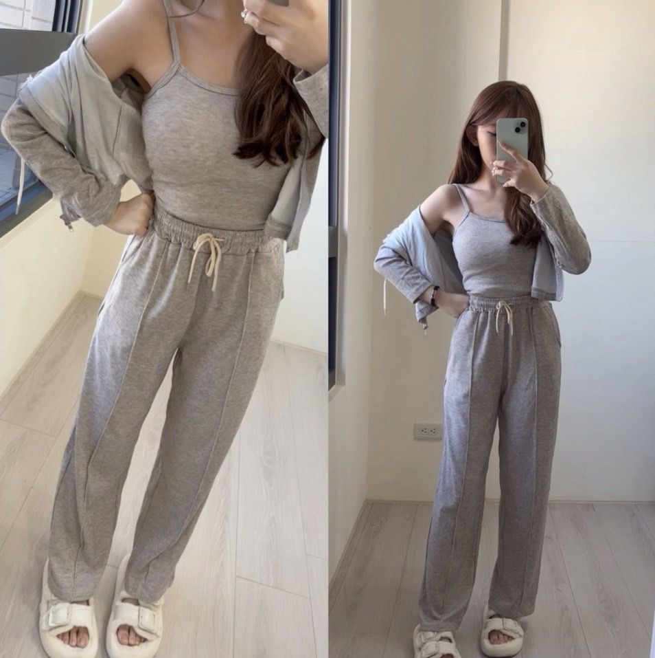 鹽系穿搭三件套裝——連帽短款外套+背心+闊腿長褲三件套