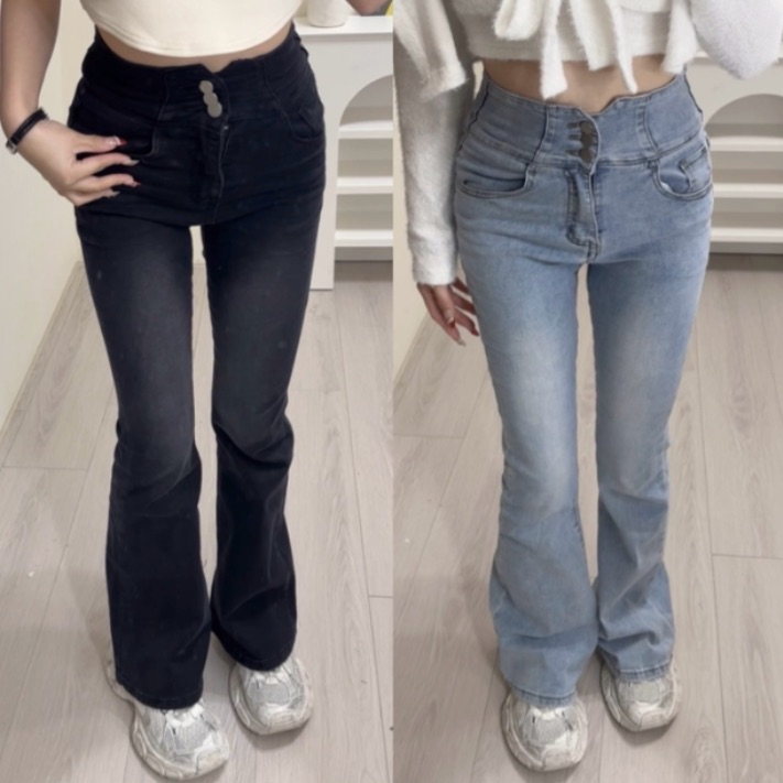 神褲高腰後交叉小v顯瘦牛仔喇叭褲（淺藍/黑色）