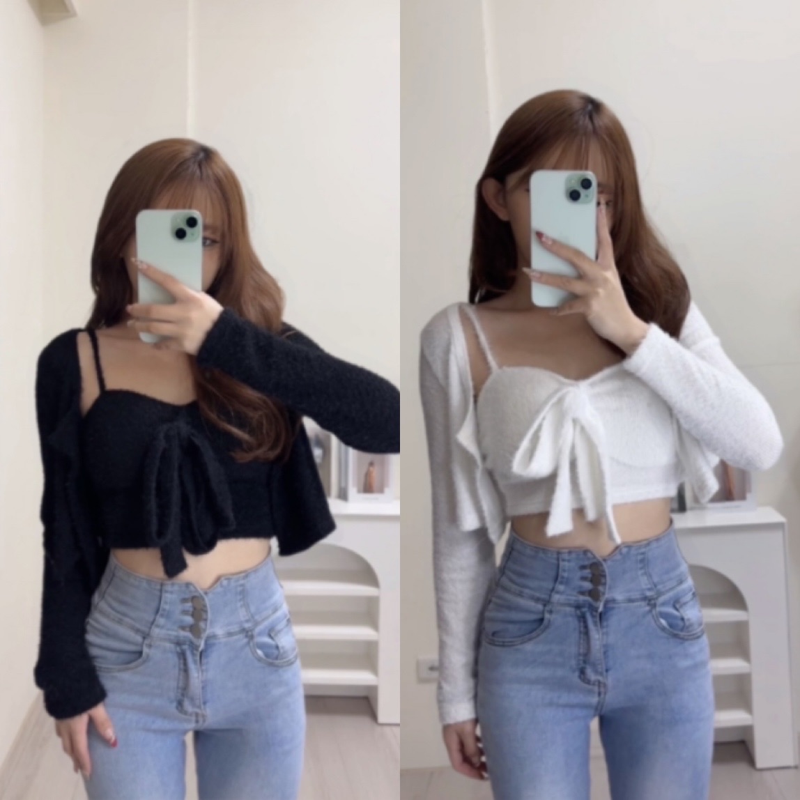 蝴蝶結甜美開衫外上衣（有胸墊）（白/黑色）