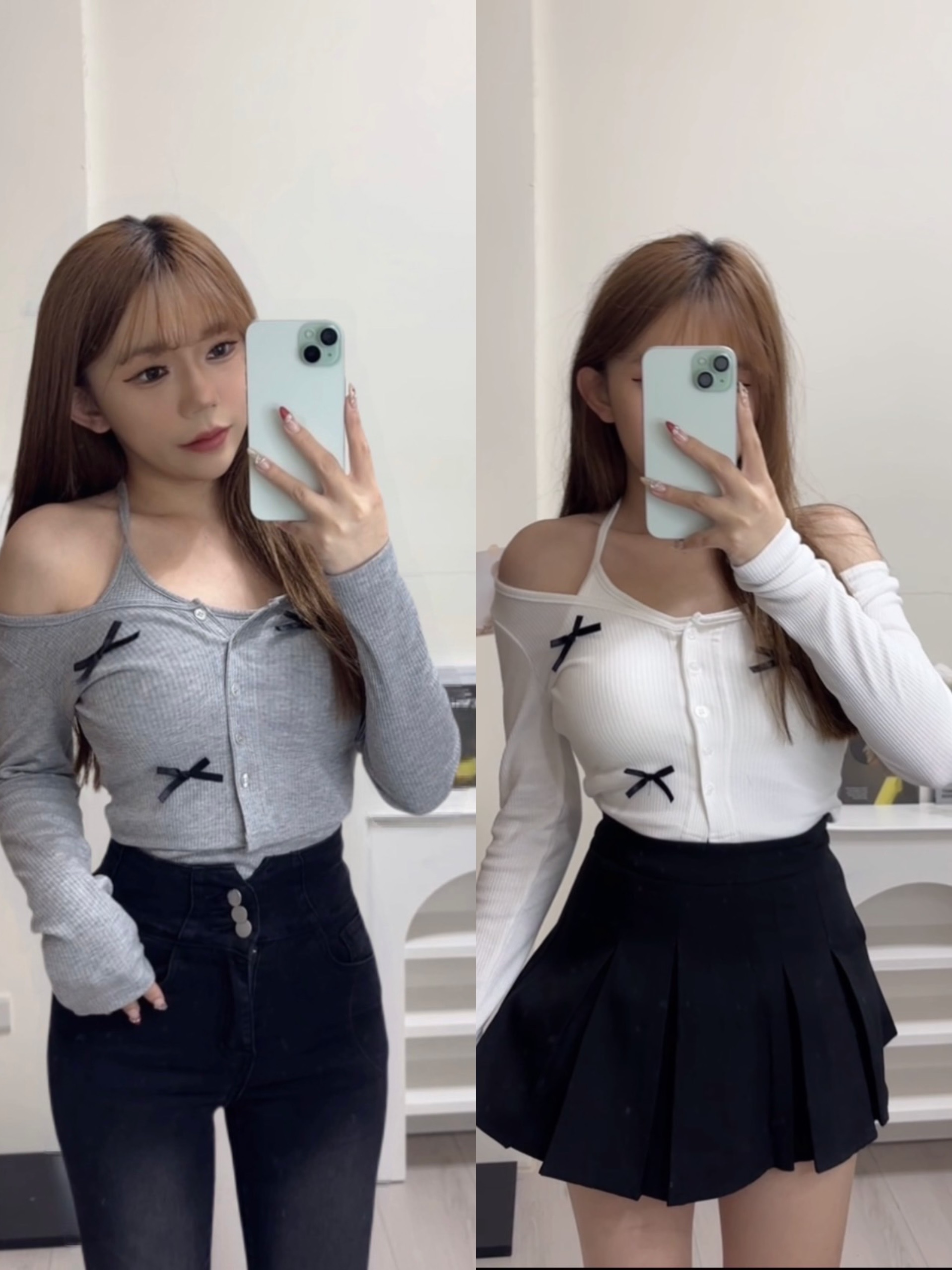 蝴蝶結開衫+百搭掛脖背心（白/灰）