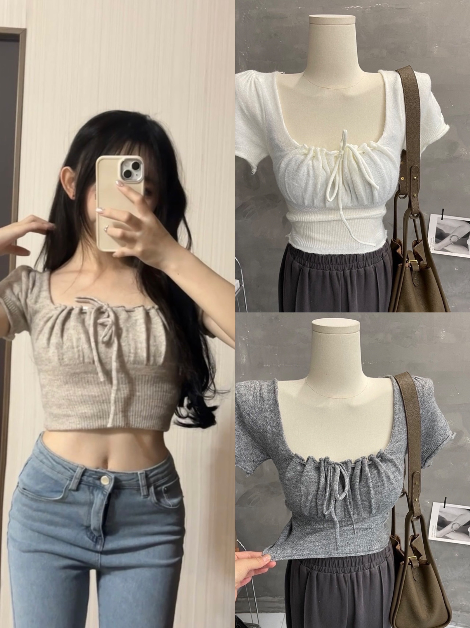 法式方領抽繩褶感設計針織衫上衣  （燕麥/奶油白/黑色/灰色）
