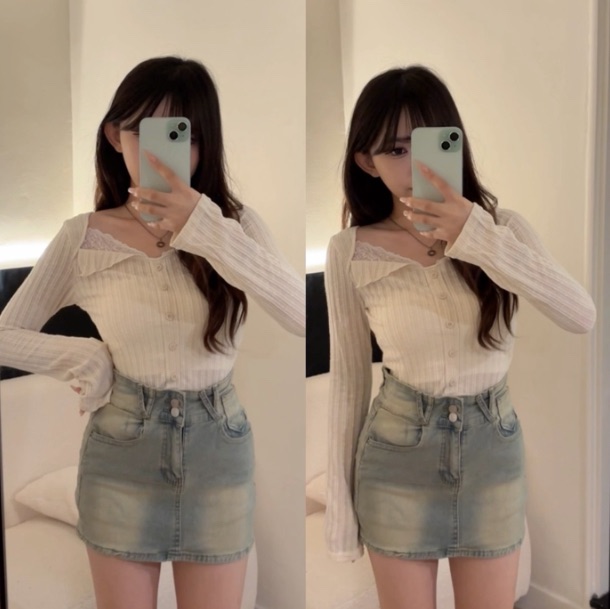 甜美方領蕾絲條紋針織衫