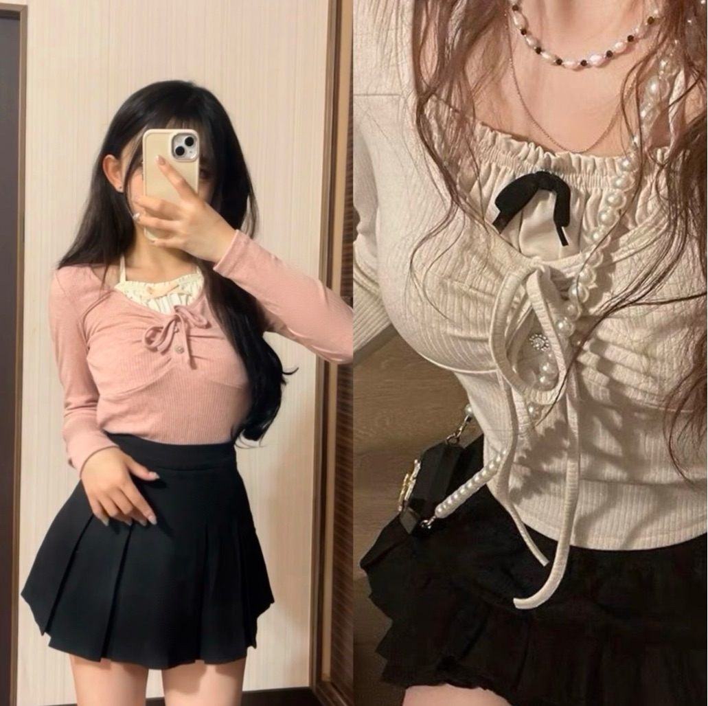 芭蕾風甜美假兩件綁帶上衣（藕粉色/珍珠米）