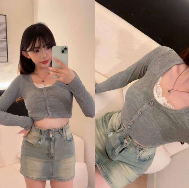 蕾絲拼接顯身材假兩件