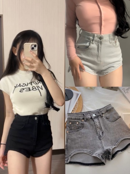 高腰修身牛仔短褲（淺藍/黑色/灰色）