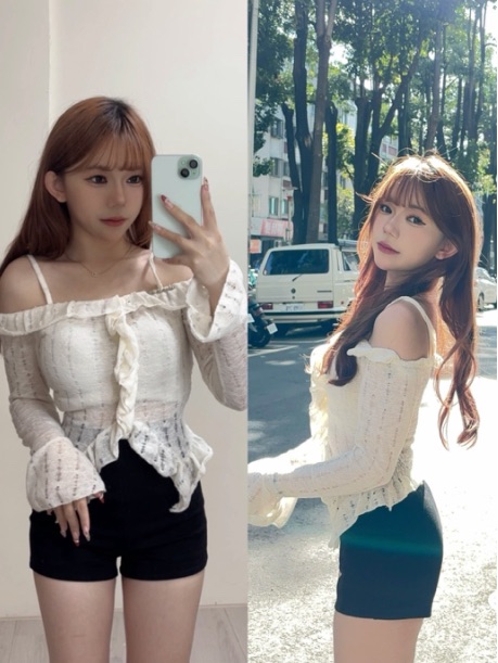 仙氣一字領吊帶荷葉邊上衣