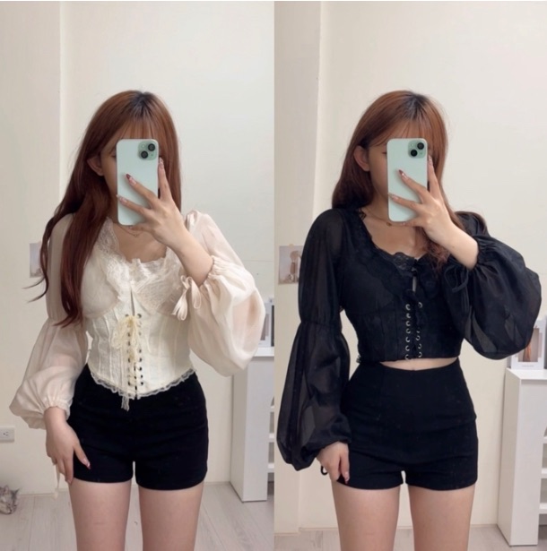 雪紡衫蕾絲一字肩魚骨收腰上衣（白/黑）