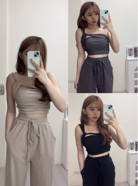 背心抹胸+高腰闊腿褲兩件套（有胸墊）（黑/灰/杏色）