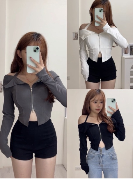 純欲一字肩多種穿法拉鍊上衣（有胸墊）（灰/黑白色）